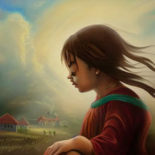 Prompt: a painting of a a huge crying girl sitting on a village, her tears flood the village, mysterious fog, 4k,