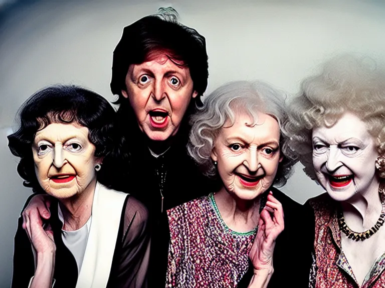 Image similar to a photo of Paul McCartney, Queen Cleopatra, and Betty White high on meth by Annie Leibovitz