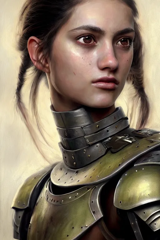 Image similar to a photorealistically painted portrait of an attractive young girl, partially clothed in military battle armor, with an abstractly painted background, flawless olive skin, fair complexion, long dark hair, beautiful bone structure, perfectly symmetric facial features, perfect photorealistic eyes, natural physique, intricate, elegant, digital painting, concept art, finely detailed, beautifully illustrated, sharp focus, minimal artifacts, volumetric lighting, from Halo, by Ruan Jia and Mandy Jurgens and Artgerm and William-Adolphe Bouguerea, in the style of Greg Rutkowski, trending on Artstation, award winning art