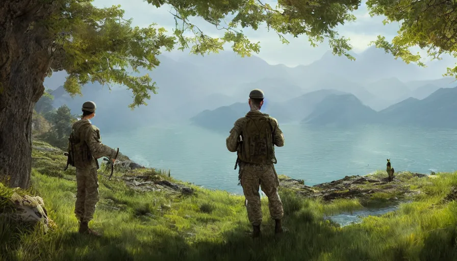 Prompt: back view of soldiers watching lake from the mountains, sunny day, forest, hyperdetailed, artstation, cgsociety, 8 k