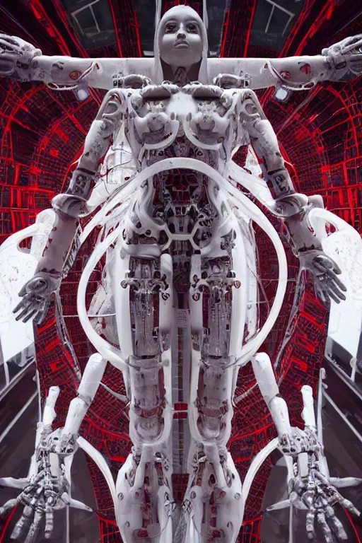 Image similar to space station interior white cross a statue jesus on cross made of red marble hands nailed to a cross perfect symmetrical body full body shot, inflateble shapes, wires, tubes, veins, jellyfish, white biomechanical details, wearing epic bionic cyborg implants masterpiece, intricate, biopunk, vogue, highly detailed, artstation, concept art, cyberpunk, octane render