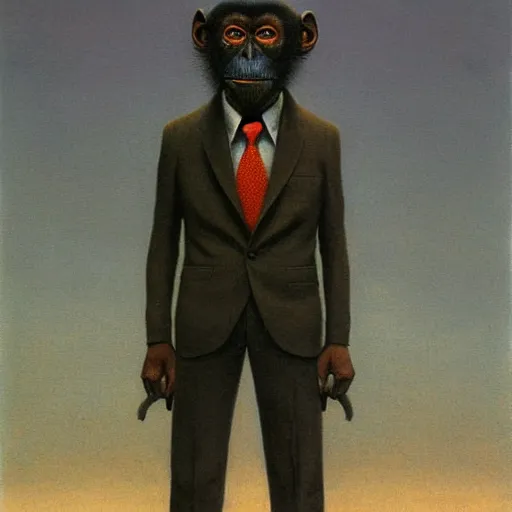 Image similar to Monkey in a suit made By Zdzislaw Beksinski