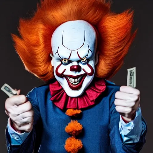 Image similar to Pennywise the clown wearing a business suit and holding a banknote in his hands, full body shot