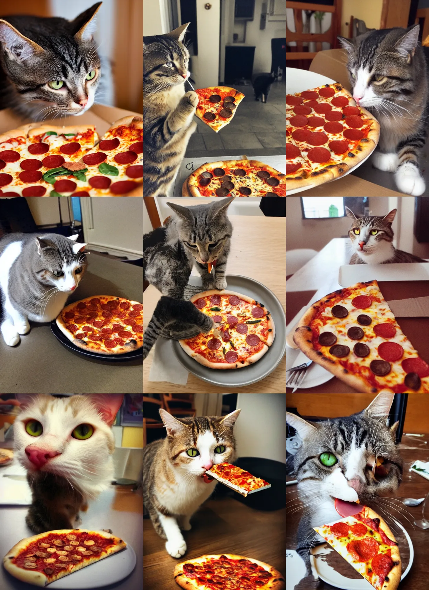 Prompt: cat eating pizza, taken with iphone, photohraph, sharp focus