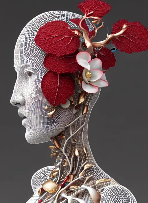 Image similar to complex 3d render ultra detailed of a beautiful porcelain profile woman face, mechanical vegetal cyborg, 150 mm, beautiful studio soft light, rim light, silver gold red details, magnolia big filigran leaves and stems, roots, Alexander Mcqueen haute couture, fine foliage lace, mesh wire, filigran metallic intricate details, hyperrealistic, mandelbrot fractal, anatomical, silver metal armor, facial muscles, cable wires, microchip, elegant, white background, beautiful white teeth, octane render, H.R. Giger style, 8k