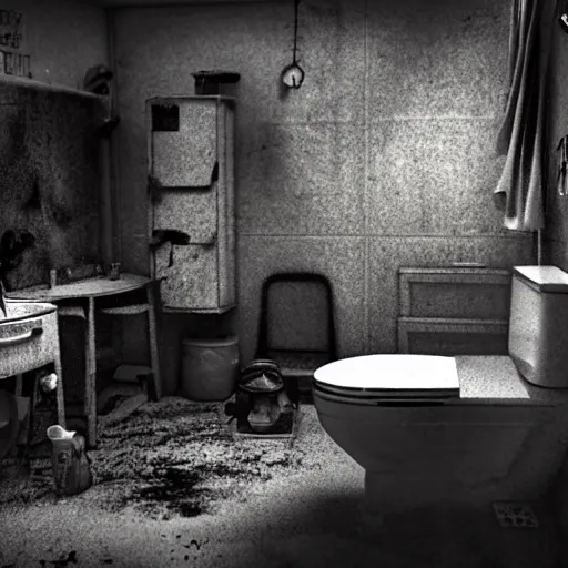 Image similar to a darkly lit janitors room with a toilet in the corner, cleaning supplies, grungy, dirty, highly detailed