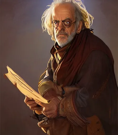 Image similar to Christopher Lloyd as bard, full body, dungeons and dragons portrait, highly detailed, digital painting, artstation, concept art, sharp focus, illustration, art by artgerm and greg rutkowski and alphonse mucha