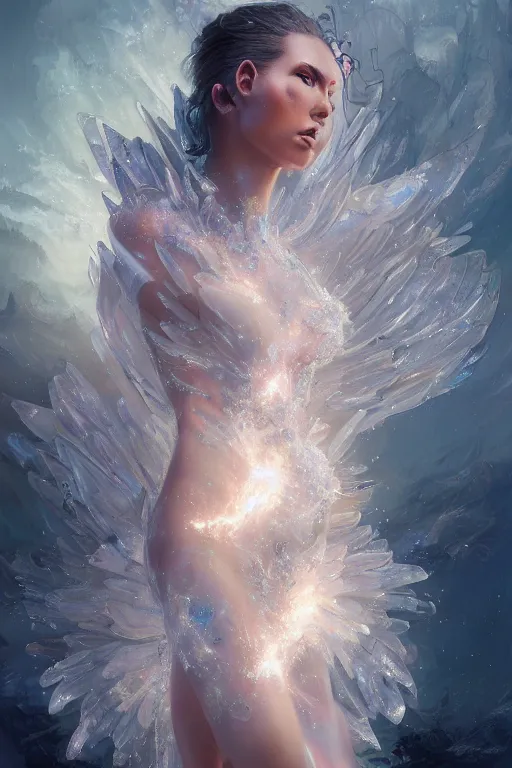Image similar to torso closeup model wearing exploding crystal white dress, sorcerer, diamonds, angel, fantasy, dramatic lighting, highly detailed, digital painting, holding electricity, magic the gathering, hyper detailed, 3 d render, hyper realistic detailed portrait, peter mohrbacher, wlop, ruan jia