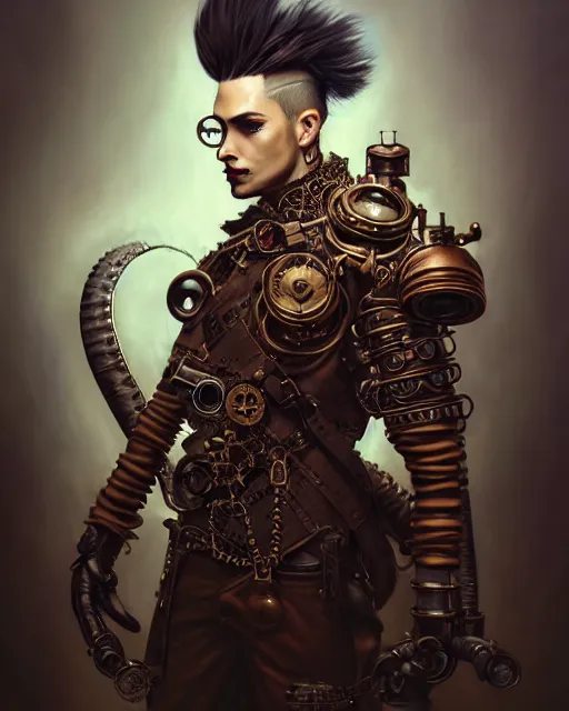 Prompt: steampunk male portrait, handsome, detailed mohawk hair, monocle eye, intricate warrior armor, fullbody, by ilya kuvshinov, godessmechanic, peter mohrbacher, greg rutkowski, dramatic lighting, elden ring, intricate, highly detailed, deviant art, sharp focus, luminous, blender, deviant art, masterpiece, ray tracing