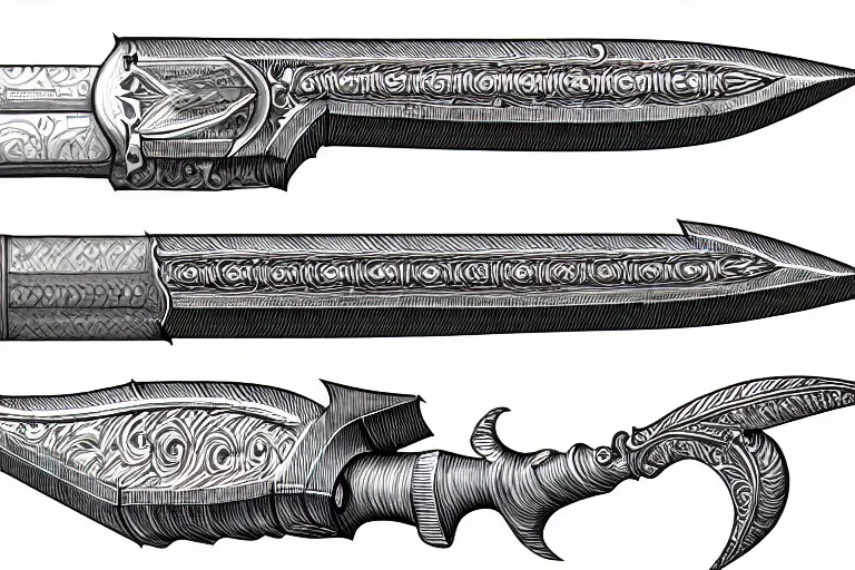 Image similar to schematic diagram of a dagger, ultra detailed, 4 k, weapon design, intricate, encyclopedia illustration