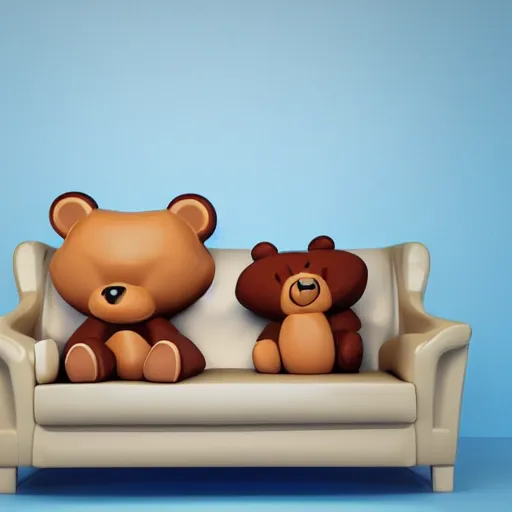 Prompt: loving cartoon bear and cartoon cat sitting in couch, cgi render