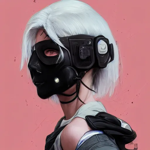 Image similar to very cool girl white hair girl with mask, streetwear, techwear, cyberpunk style outfit, full body, nose piercing, detailed portrait, intricate complexity, by greg rutkowski, artgerm, ross tran, conrad roset, takato yomamoto, ilya kuvshinov. 4 k, beautiful, cinematic dramatic atmosphere