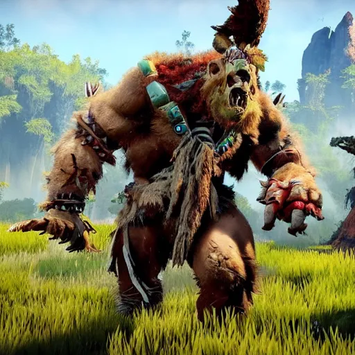 Image similar to gameplay of a orc brute bleeding in the style of horizon zero dawn