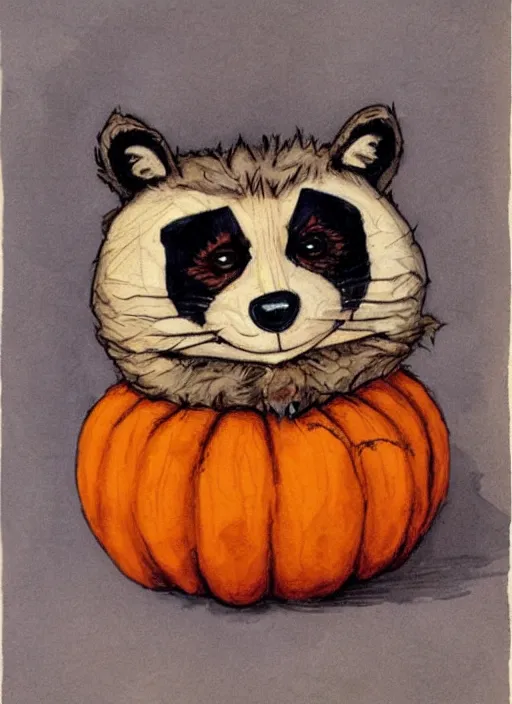 Image similar to halloween pumpkin in the shape of a raccoon by Rebecca Guay art, high quality, highly detailed,