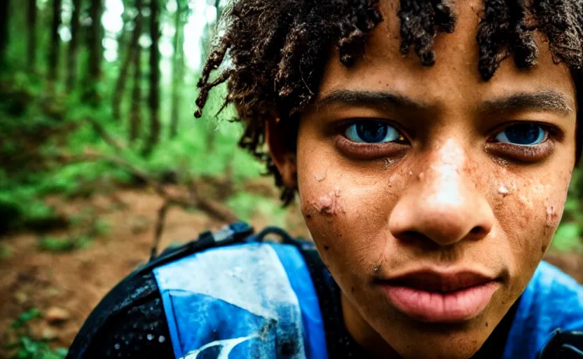 Image similar to cinestill 5 0 d candid photographic portrait by helen levitt of a mixed teen wearing rugged black mesh techwear riding on a dirtbike through a deep forest, extreme closeup, modern cyberpunk moody emotional cinematic, snow storm, 8 k, hd, high resolution, 3 5 mm, f / 3 2, ultra realistic faces, ex machina