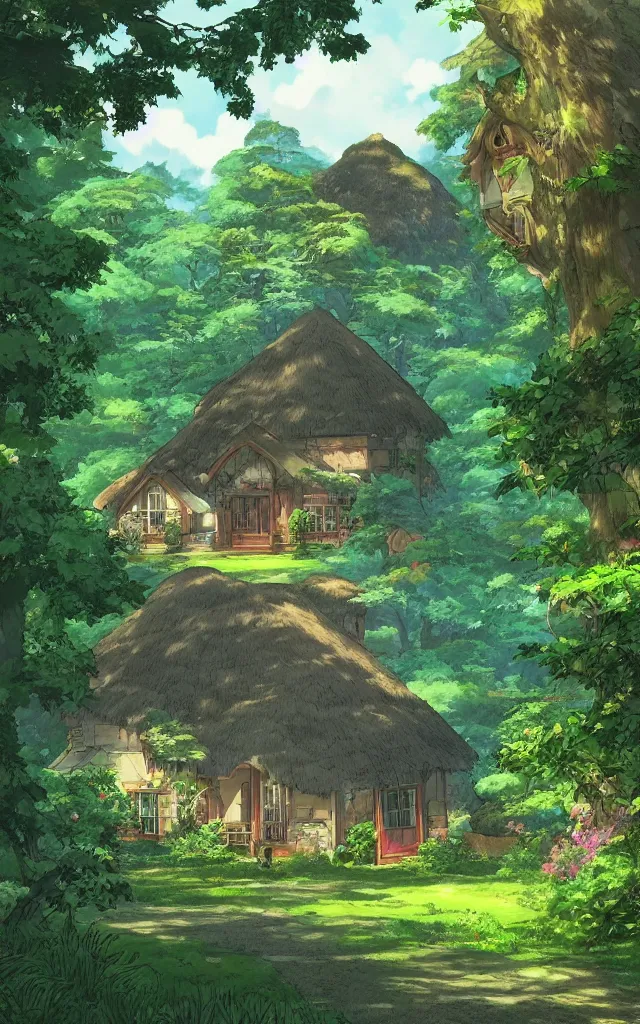 Image similar to Stunning cottage, solar, lush, forest, beautiful, by Studio Ghibli and Michael Kincade, artstation