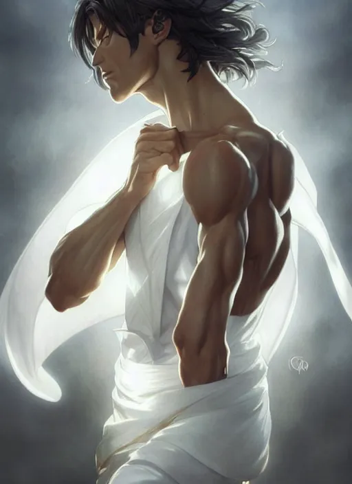 Image similar to ultra realistic illustration, handsome saitama. white cape, intricate, elegant, highly detailed, digital painting, artstation, concept art, smooth, sharp focus, illustration, art by artgerm and greg rutkowski and alphonse mucha and wlop