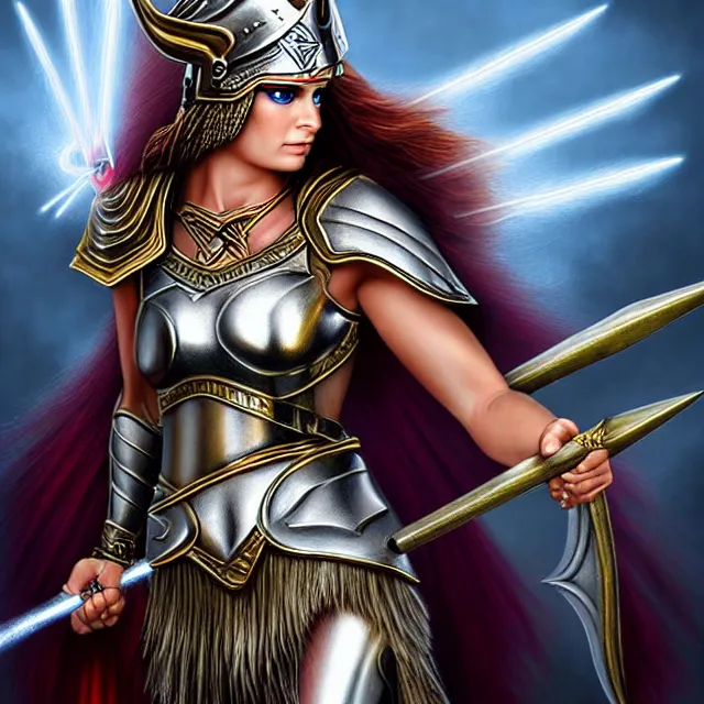 Image similar to beautiful valkyrie warrior with light powers, highly detailed, 4 k, hdr, smooth, sharp focus, high resolution, award - winning photo, anne stokes, photorealistic