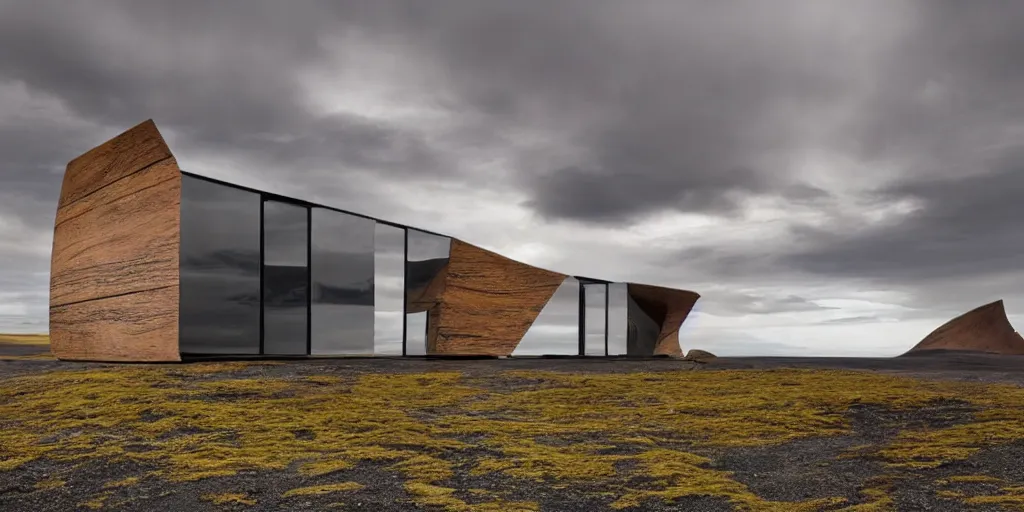 Image similar to futuristic architect house made from deconstucted ash wood and mirrors, floating, portal, iceland landscape photography, by lurie belegurschi and gunnar freyr