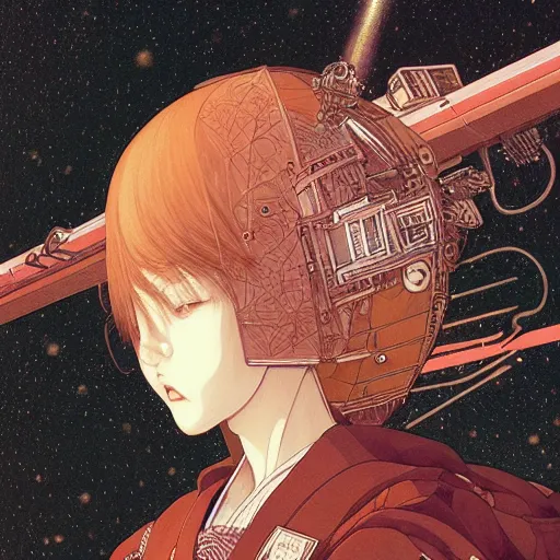 Image similar to a beautiful ukiyo painting of retrofuturistic space station, detailed symmetrical close up portrait, intricate complexity, by takato yamamoto, wlop, krenz cushart. cinematic dramatic atmosphere, sharp focus