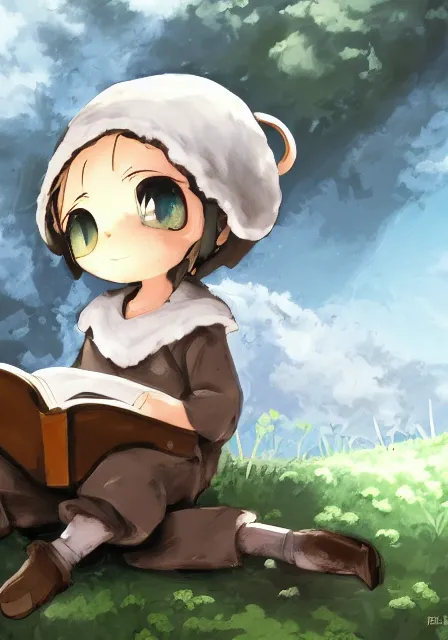 Image similar to beautiful little boy wearing sheep suit reading a book while sitting on chair, gray, blue, green and brown pallet color. made in abyss art style, inspired by kris from deltarrune, cute detailed artwork, anatomically correct, soft details, ilya kuvshinov, reflection, perfect composition, mobile wallpaper, illumination, helltaker, digital art, forest