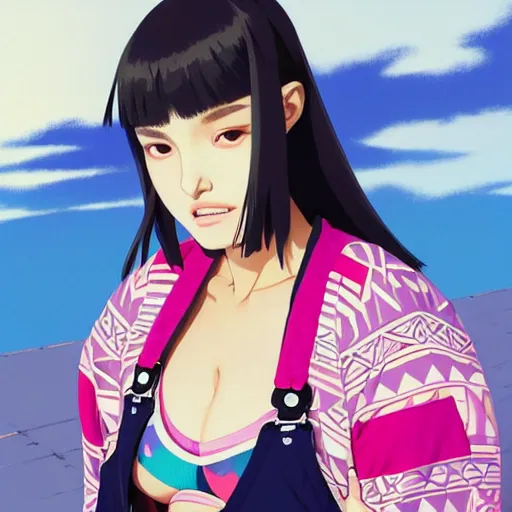 Image similar to a beautiful plus sized model japanese natalie portman, alluring, wearing oversized mayan bomber jacket and leotard with overalls, bulky poofy bomber jacket with mayan patterns, aztec street fashion, gapmoe yandere grimdark, trending on pixiv fanbox, painted by greg rutkowski makoto shinkai takashi takeuchi studio ghibli, akihiko yoshida