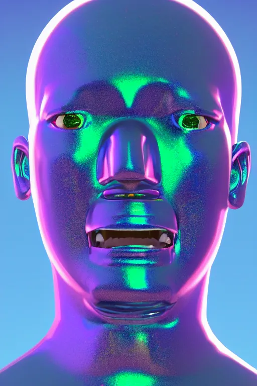 Image similar to 3d render of holographic angry human robotic screaming angry bust made of glossy iridescent, screaming, bust, surrealistic 3d illustration of a human non-binary, non binary model, 3d model human, cryengine, made of holographic texture, holographic material, holographic rainbow, concept of cyborg and artificial intelligence