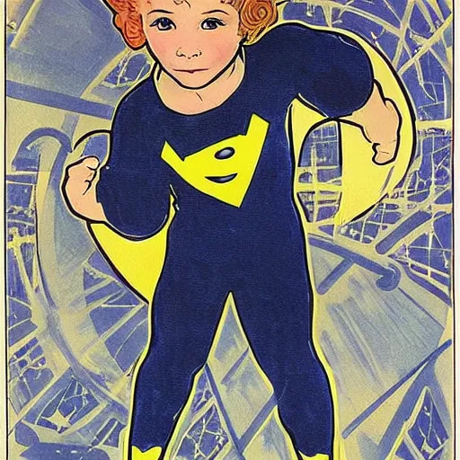 Image similar to a cute little boy with a mischievous face and short ginger hair. he is dressed as a superhero. well composed, clean elegant painting, beautiful detailed face. painting by steve ditko and jack kirby and ( alphonse mucha )