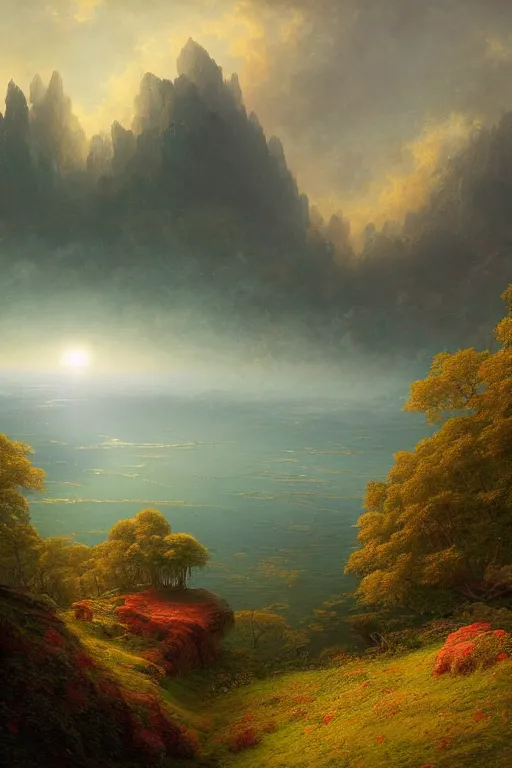 Prompt: Hyper detailed digital matte painting, hills, lake, tranquil, fantasy,serene and epic painting of Somber Beauty and Graceful Vibrancy by Benoit B. Mandelbrot, Martin Johnson Heade, Lee Madgwick, and Caspar David Friedrich, colorful, 4k,Trending on artstation,