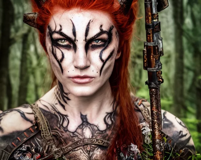 Prompt: 5 5 mm portrait photo of an armored redhead woman warrior with a face tattoo and horns growing from her head, in a magical forest. by luis royo. highly detailed 8 k. intricate. lifelike. soft light. nikon d 8 5 0. cinematic post - processing