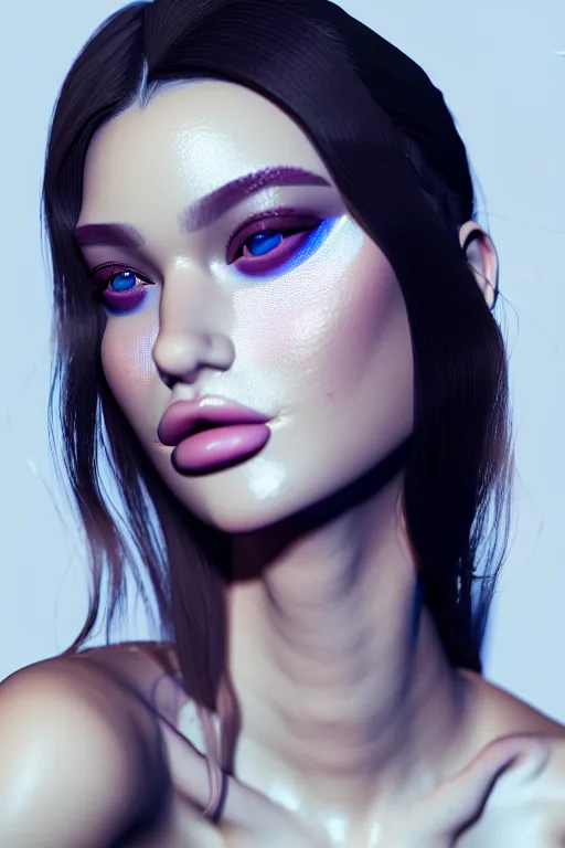 Image similar to beautiful female, attractive facial features, haze, model, intricate, symmetrical face, makeup, sephora, maybelline, studio, reflections, cinematic, filmic, vsco, concept art, artstation, elegant, model, gorgeous, vray, flim, octane render, ambient occlusion, prism details