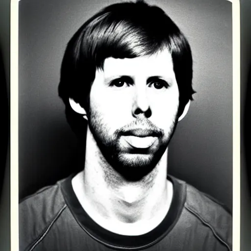 Image similar to Mugshot Portrait of Jon Heder, taken in the 1970s, photo taken on a 1970s polaroid camera, grainy, real life, hyperrealistic, ultra realistic, realistic, highly detailed, epic, HD quality, 8k resolution, body and headshot, film still, front facing, front view, headshot and bodyshot, detailed face, very detailed face