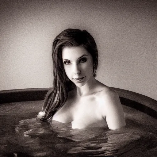 Prompt: photographic portrait by Annie Leibovitz of AMOURANTH in a hot tub, closeup, foggy, sepia, moody, dream-like, sigma 85mm f/1.4, 15mm, 35mm, 4k, high resolution, 4k, 8k, hd, full color