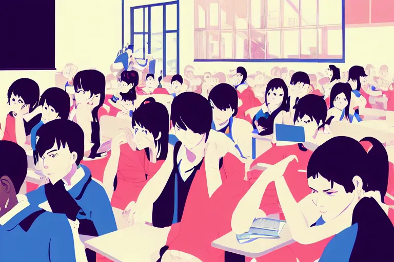 Image similar to students in the school. clean cel shaded vector art. illustration art by ilya kuvshinov