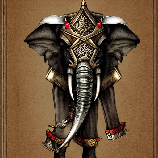 Image similar to elephantine armored knight, ornate, anthropomorphic humanoid, elephant head, dungeons and dragons manual illustration, al - qadim