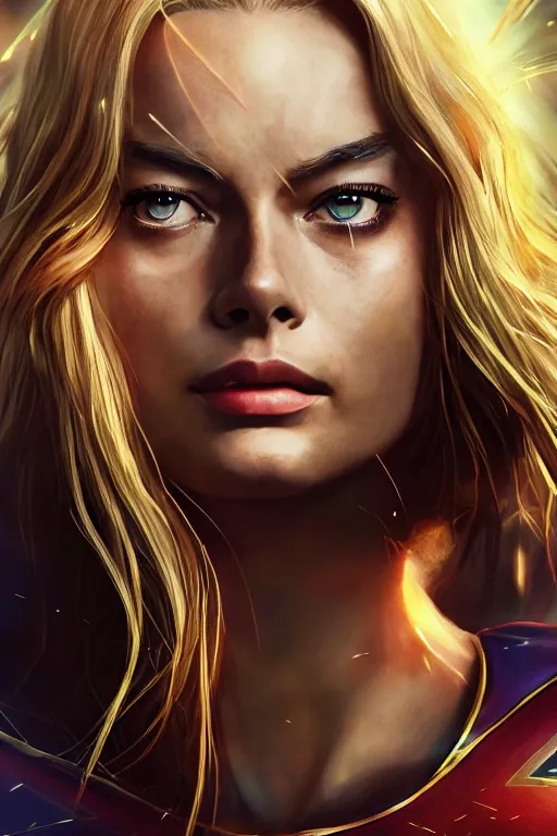 Image similar to majestic and anime key visual margot robbie female supergirl, dc universe, perfect face, beautiful, intricate, epic, elegant, fantasy, highly detailed, digital painting, hard focus, beautiful volumetric lighting, epic light, ultra detailed, by leesha hannigan, ross tran, thierry doizon, kai carpenter, ignacio fernandez rios