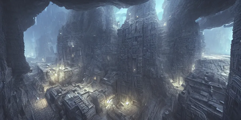 Image similar to inception lovecraft city carved from rock underground another inverted upside down above, artstation, cinematic warm volumetric lighting