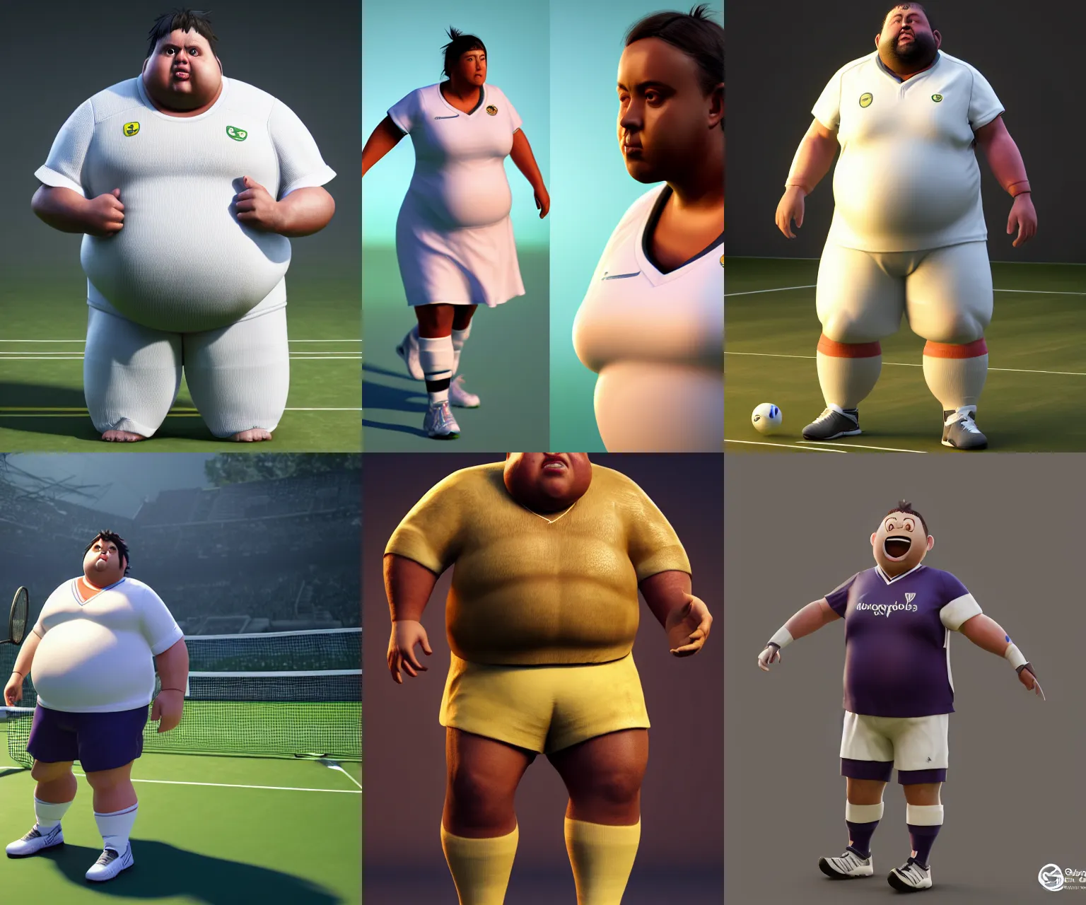 Prompt: incredibly realistic, too detailed fullbody of obese wimbledon player, octane render, bump mapping, global illumination, 8 k, bokeh, xenoblade, d & d, elder scrolls, one piece