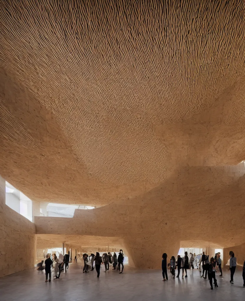 Image similar to indoor photo of a complex cultural building made of fractal rammed earth, people walking