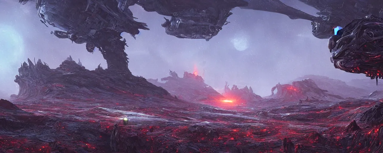 Image similar to ” mysterious and intimidating alien landscape, [ dangerous, cinematic, detailed, epic, widescreen, opening, establishing, mattepainting, photorealistic, realistic textures, octane render, art by slop and paul lehr ] ”