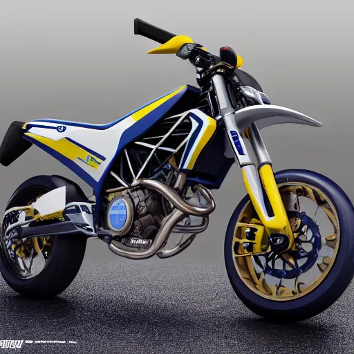 Prompt: Husqvarna motorcycle designs by kiska, octane render, trending on artstation, very coherent symmetrical artwork. cinematic, hyper realism, high detail, octane render, 8k, Dslr, canon 24mm, award winning masterpiece with incredible details, cinematic lighting, ray tracing, micro details, 8k - w 4000