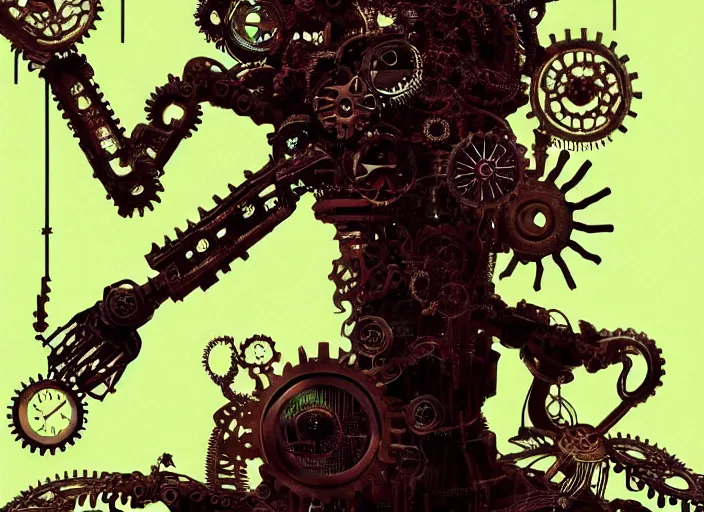 Image similar to silhouette of an intricate mechanical fairy with visible gears having tea with a cyborg winged horned demon medusa in a magical forest. Very detailed 8k. Fantasy cyberpunk horror. Sharp. Cinematic post-processing