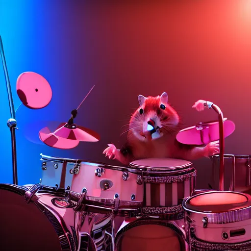 Image similar to a hamster playing drums on a stage in a small club, red and blue stagelights, photorealistic