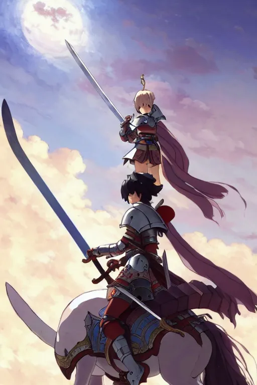 Image similar to a full body of the female knight riding a giant cat with gigantic sword, finely detailed features, closeup at the faces, perfect art, gapmoe yandere grimdark, trending on pixiv fanbox, painted by miura kentaro greg rutkowski makoto shinkai takashi takeuchi studio ghibli, akihiko yoshida