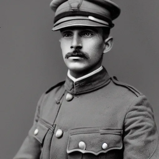 Prompt: Official photograph of a male WWI officer, realistic black and white.
