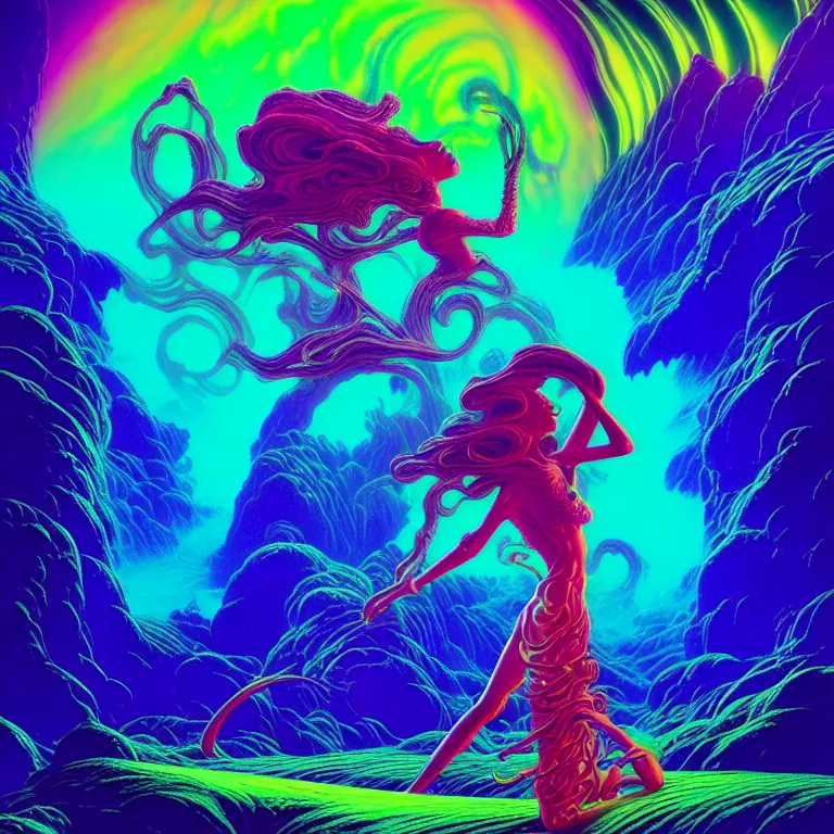 Prompt: cosmic girl on haunted misty mountain with mystical phantom hallucination, ( ( synthwave ) ), ( ( fractal waves ) ), bright neon colors, highly detailed, exquisite detail, smooth gradients, cinematic, tim white, roger dean, michael whelan, caza, bob eggleton, philippe druillet, vladimir kush, kubrick, alfred kelsner, vallejo