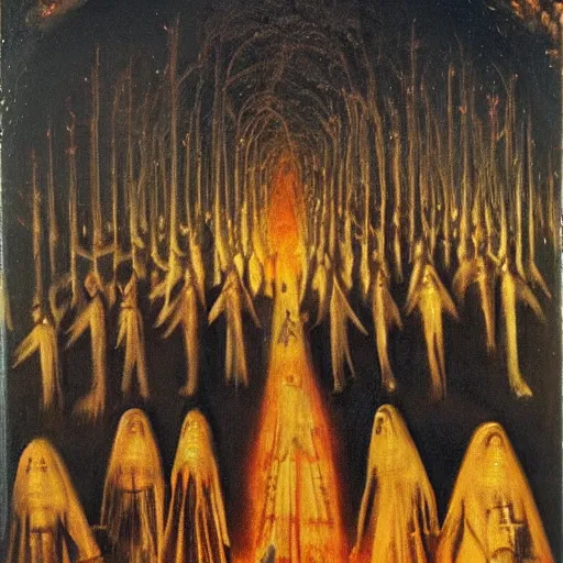 Image similar to A A Holy Week procession of souls in a Spanish landscape at night by Remedios Varo.