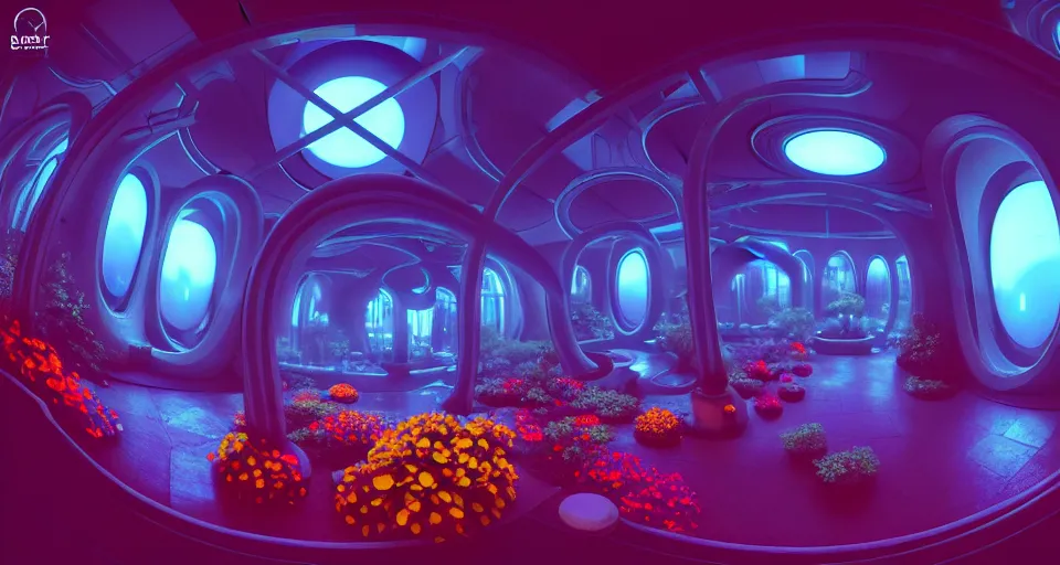 Prompt: fish eye lens a bright minimalist bioluminescent 3 d render by beeple, warm coloured, cinematic scifi luxurious futuristic foggy steam filled victorian garden mall interior with microscopy radial windows flowers growing out of pretty bulbous ceramic fountains, gigantic pillars and flowers, maschinen krieger, star trek, star wars, ilm, atmospheric perspective