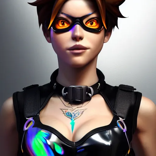 Image similar to portrait bust digital artwork of tracer overwatch, wearing black iridescent rainbow latex tank top, 4 k, expressive happy smug expression, makeup, in style of mark arian, angel wings, wearing detailed black leather collar, chains, black leather harness, detailed face and eyes,