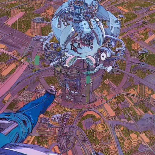 Image similar to hyper detailed aerial top down comic illustration of a man eaten by a machine in the centre of the composition, encircled by cybernetic gateways, by Josan Gonzalez and Geof Darrow and peter doig, very detailed, 4k, highly detailed, 8k wallpaper